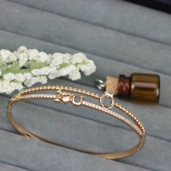 Dainty “I ❤️ U” Rose Gold Bangle with Diamond Ring Charm, XPBL0469 - Picture 1 of 10